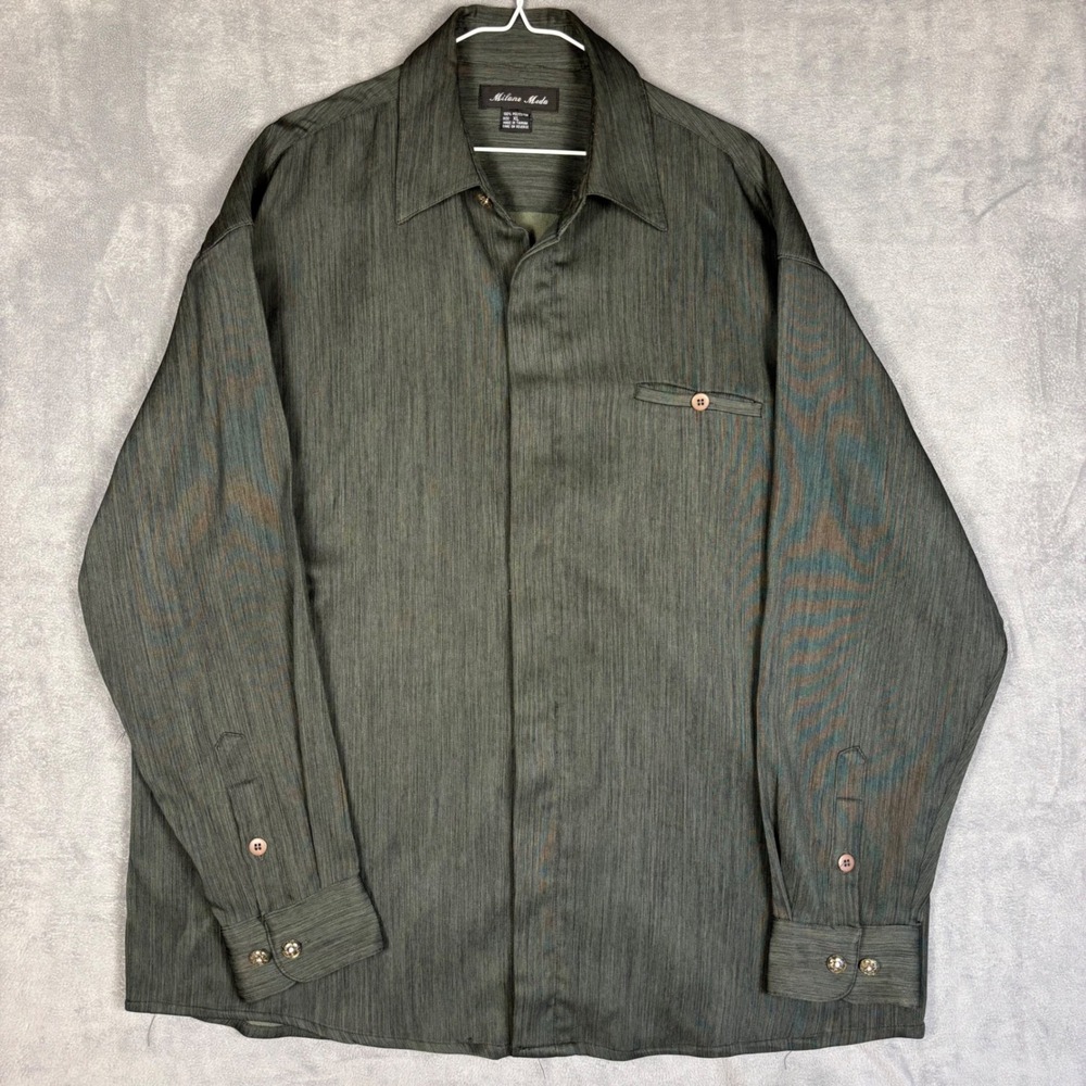 Milano Moda Mens XL Olive Green Textured Slub Long Sleeve Button Down Shirt Y2K